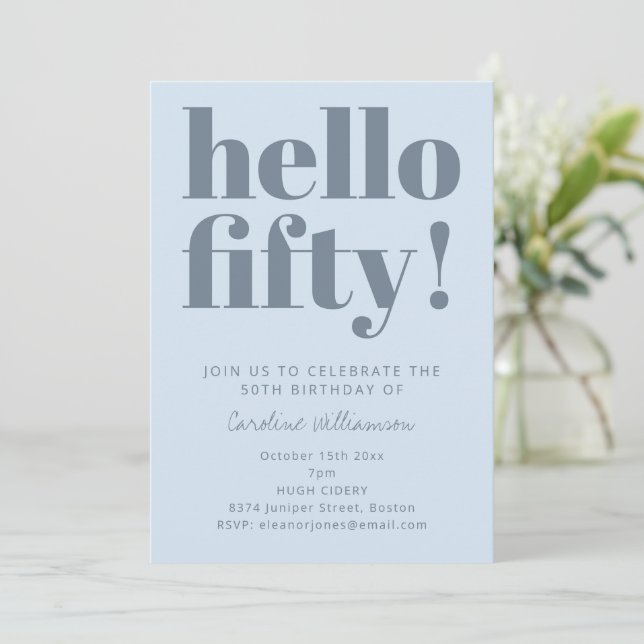 Bold Typography Icy Blue Modern 50th Birthday Einladung (Stehend Vorderseite)
