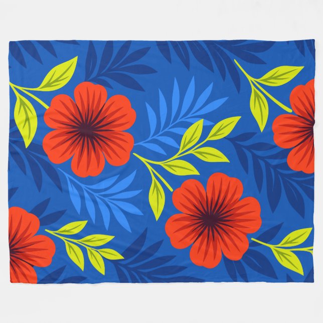 Bold Vermilion Red Florals with Elegant Leaves Fleecedecke (Vorderseite (Horizontal))