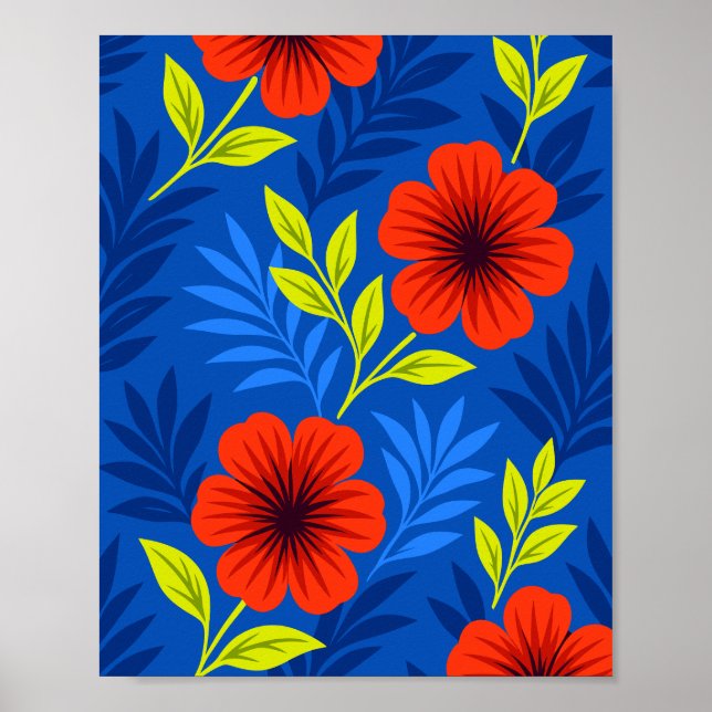 Bold Vermilion Red Florals with Elegant Leaves Poster (Vorne)