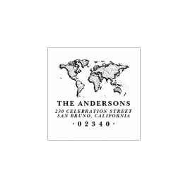Bold World Map Formeller Familienname und Rücksend Gummistempel