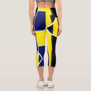 Bold Yellow Blue Abstrakt Black Art Lines Capri Leggings