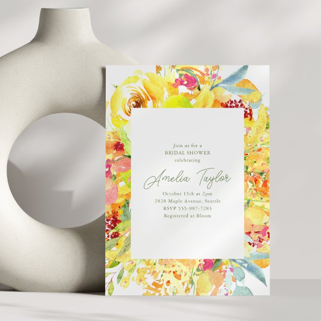 Bold Yellow Watercolor Floral Bridal Shower Einladung (Von Creator hochgeladen)
