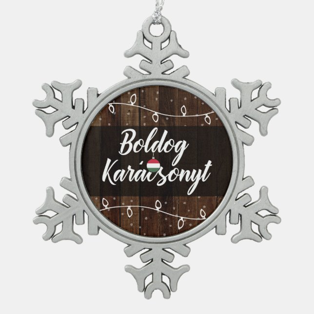 Boldog Karácsonyt ungarische frohe Weihnachten Schneeflocken Zinn-Ornament (Vorderseite)