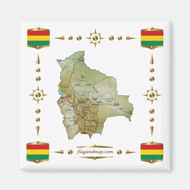 Bolivien Karte + Flaggen Magnet (Vorne)