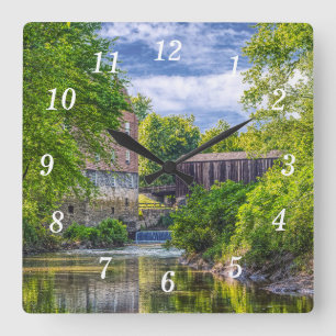 Bollinger Mill und Burfordville Covered Bridge Quadratische Wanduhr