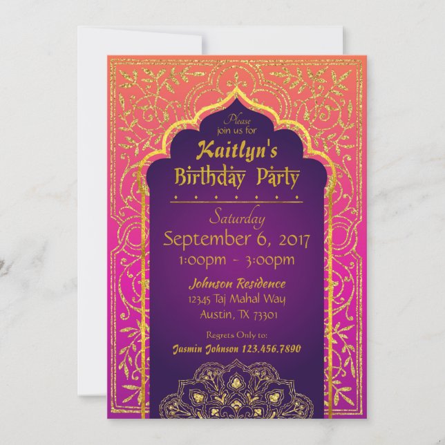 Bollywood Arabian Nights Birthday Invitation Card (Devant)