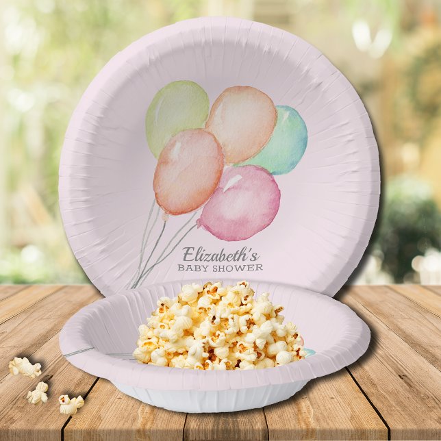 Bols En Carton Aquarelle Ballons fille Baby shower rose (Watercolor Balloons Pink Girl Baby Shower Paper Bowls)