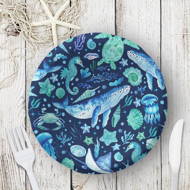 Bols En Carton Aquarelle sous la mer Océan Animaux Bleu marine (Watercolor Under the Sea Ocean Animals Navy Blue Paper Bowls)
