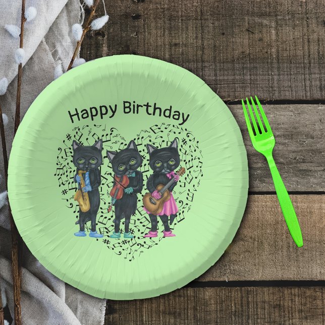Bols En Carton Black Cats Jouer Musique Coeur Vert Notes musicale (Musical black cats playing instruments on heart shaped music notes on green Birthday paper bowls.)