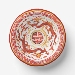 Bols En Carton Chinoiserie Rouge Or Imperial Dragon Faux Chine