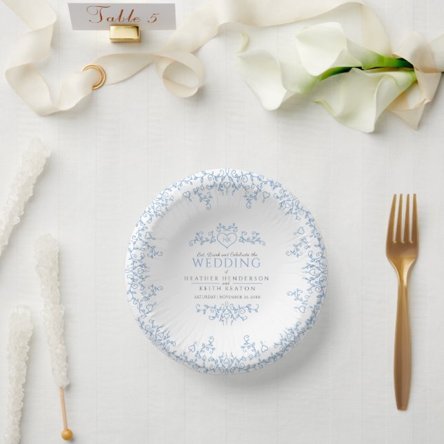 Bols En Carton Coeur d'art feuille monogramme blanc bleu mariage (Mariage)