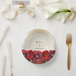 Bols En Carton Elégante Rose rouge Floral Or 18ème anniversaire f