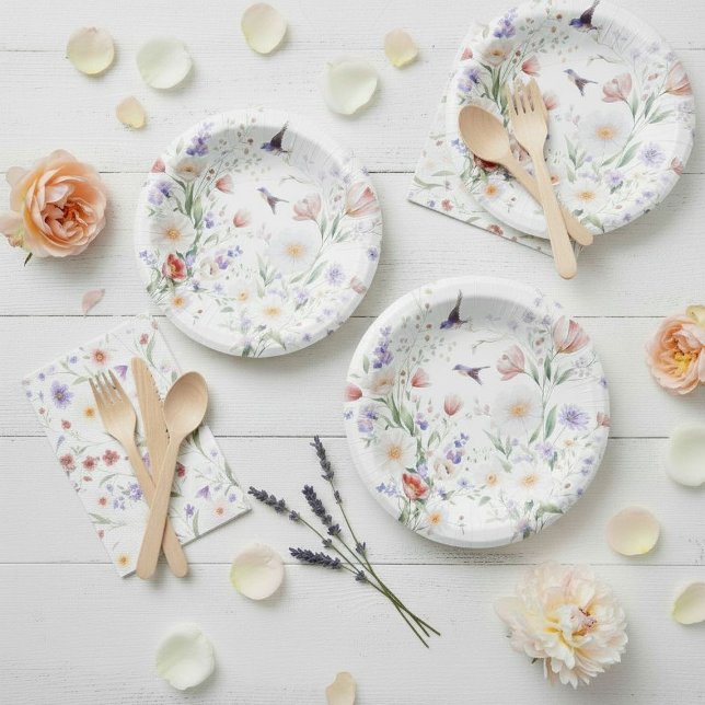 Bols En Carton Jardin de fête floral à l'aquarelle avec colibri (Créateur téléchargé)