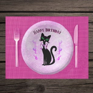 Bols En Carton Joli Chat Noir Rose Clair Coeurs Brillants sur Fon
