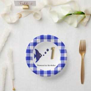 Bols En Carton Joli Gingham, Poisson Bleu & Ballon 1er Anniversai