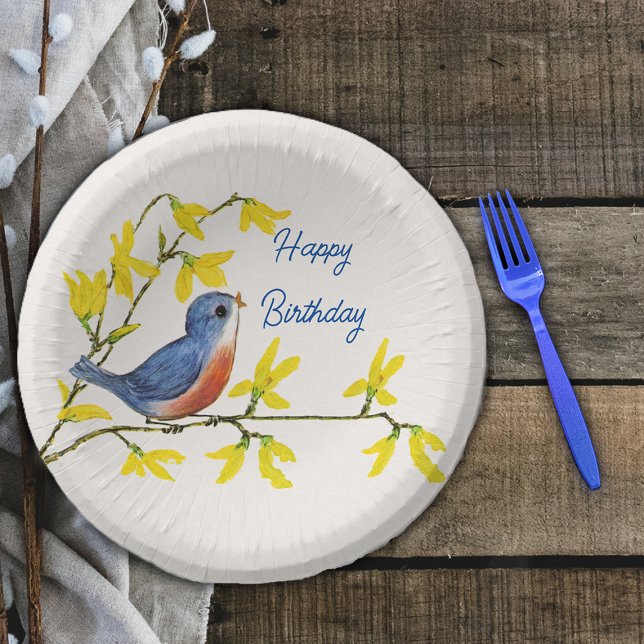 Bols En Carton Joyeux Anniversaire Rouge Bleu Branche Oiseaux Jol (Cute Happy Birthday red blue bird on branch with pretty yellow spring flowers on white paper bowl.)