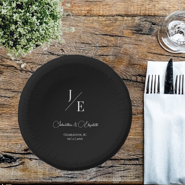 Bols En Carton Mariage monogramme minimal | Noir (Black Minimalist Monogram Wedding Paper Bowls)
