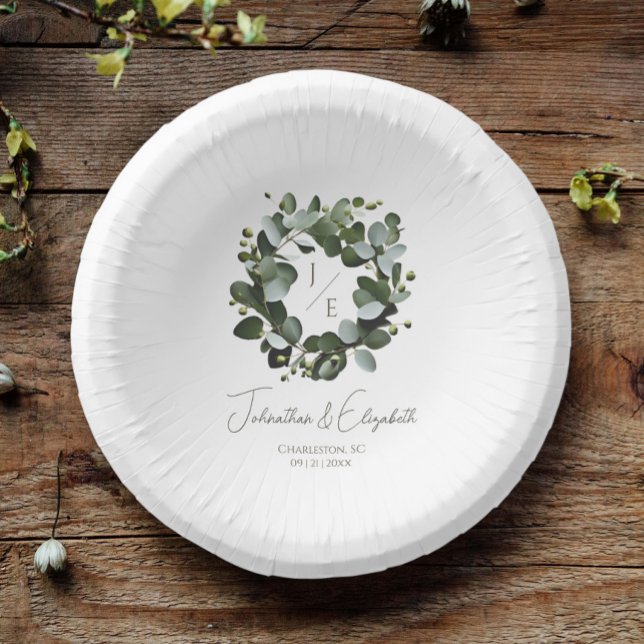 Bols En Carton Monogramme moderne Eucalyptus Mariage de couronne  (White Modern Monogram Eucalyptus Wreath Wedding Paper Bowls)