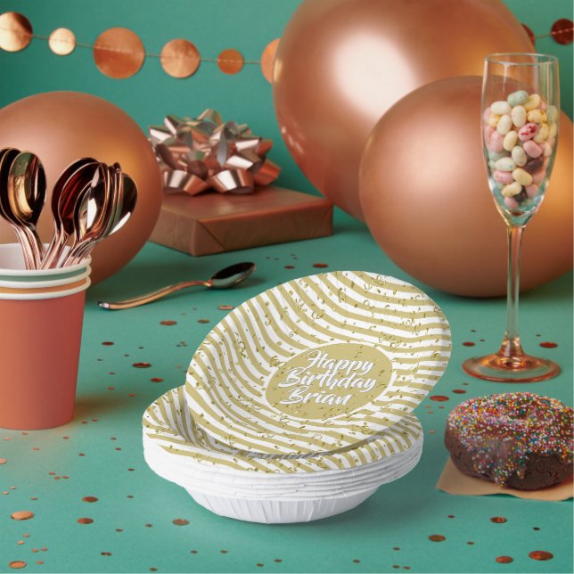 Bols En Carton Nom Joyeux Anniversaire Jaune Stripes Motif (Multi)
