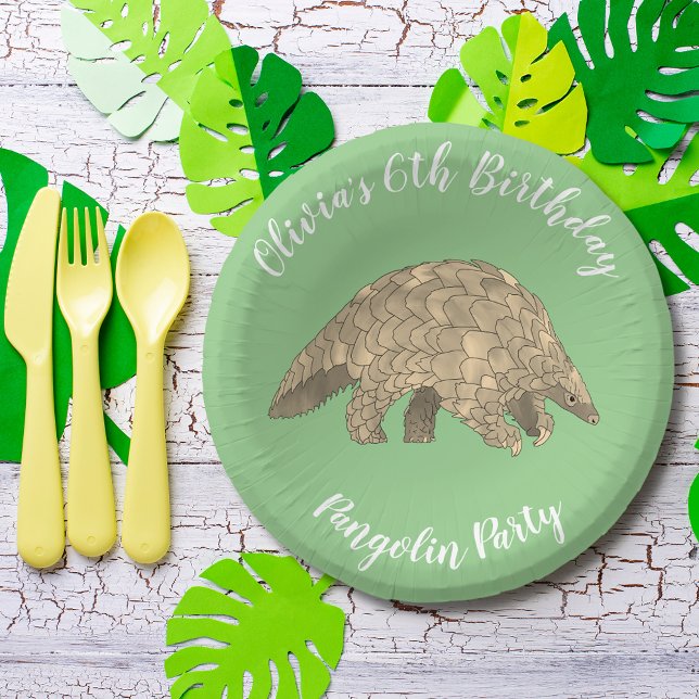 Bols En Carton Pangolin Party Kids 6th Birthday Green Ajouter un  (Cute pangolin 6th birthday party custom green paper plate )
