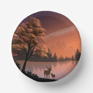 Bols En Carton Paysage du lever du soleil avec lac et Deers-51207