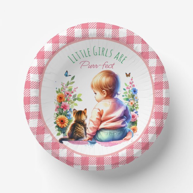 Bols En Carton Petite fille et chaton | Baby shower aquarelle (Recto)