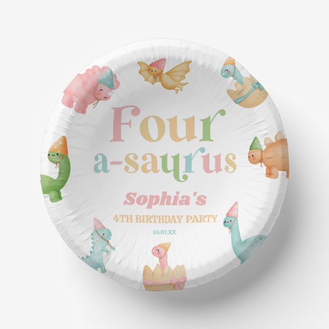Bols En Carton Quatre A-Saurus Dinosaur 4e fête d'anniversaire (Recto)