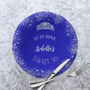 Bols En Carton Sweet 16 royal bleu argent nom de parties scintill