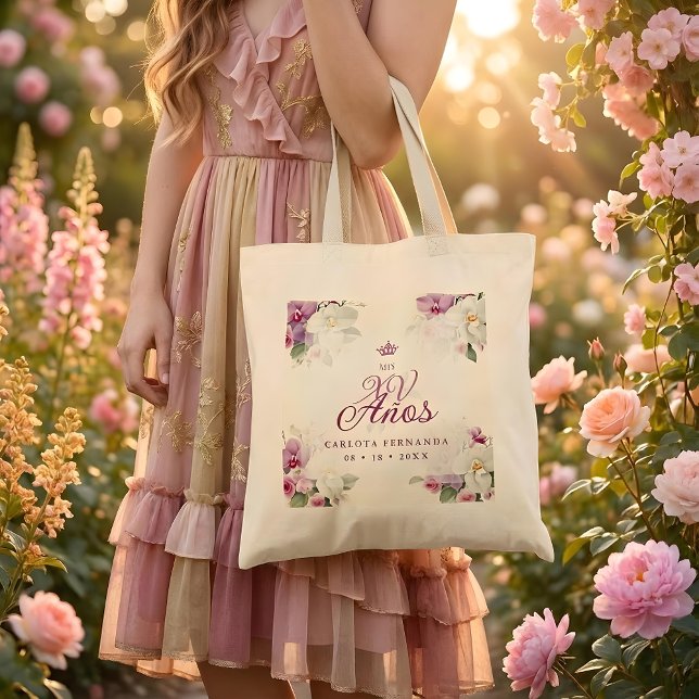 bolsa de tela tragetasche (Romantic Exquisite Mis XV Años Spanish Floral Orchids Bouquets in Pink Shades Tote Bag. )