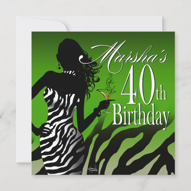 Bombshell Zebra Marshas 40. Geburtstag Grün Einladung (Vorderseite)