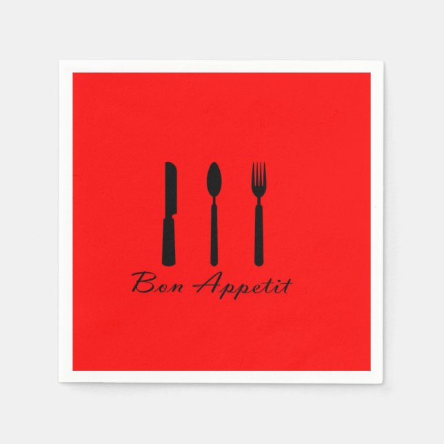 Bon Appetit Black Silverware auf Red Paper Napkin Serviette (Vorderseite)