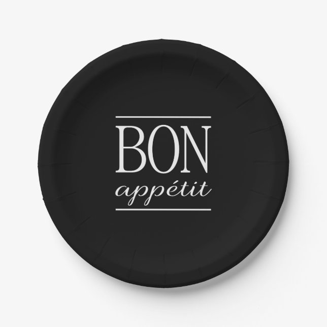 BON APPETIT Black & White Typografy Food Zitat Pappteller (Vorderseite)