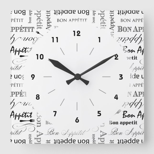 Bon Appetit Classic Black and White Pattern Quadratische Wanduhr (Vorderseite)