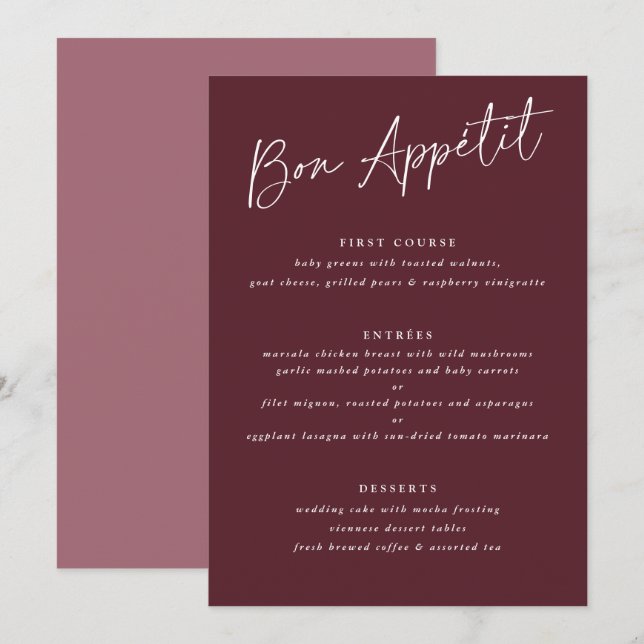 Bon Appétit Merlot Burgundy Handwriting Wedding Menükarte (Vorne/Hinten)