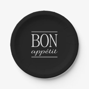 BON APPETIT Schwarz-Weiß-Typografie-Essenszitat Pappteller