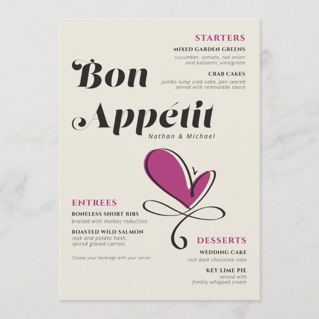 Bon Appetit Wedding Dinner Cream Magenta Menükarte (Vorderseite)