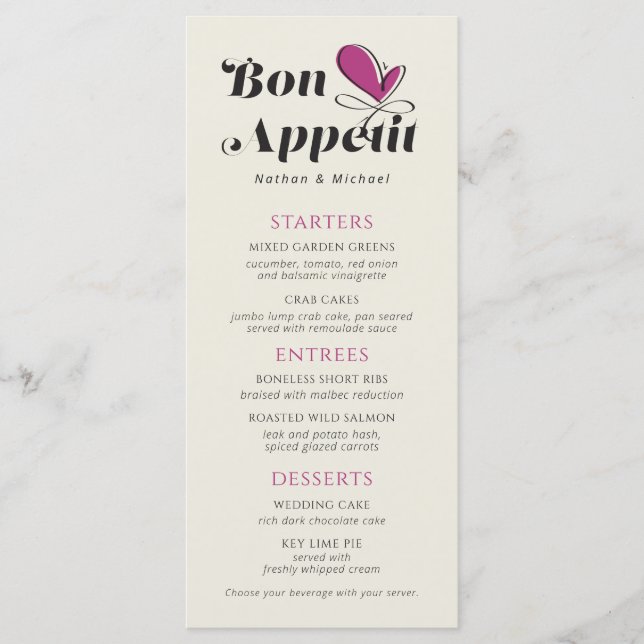 Bon Appetit Wedding Dinner Magenta Creme Menükarte (Vorderseite)