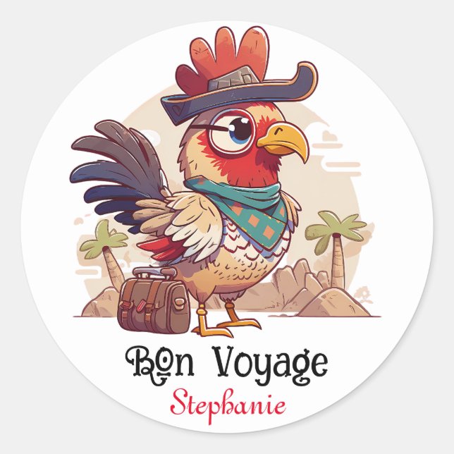 Bon Voyage Funny Chicken Cartoon Runder Aufkleber (Vorderseite)