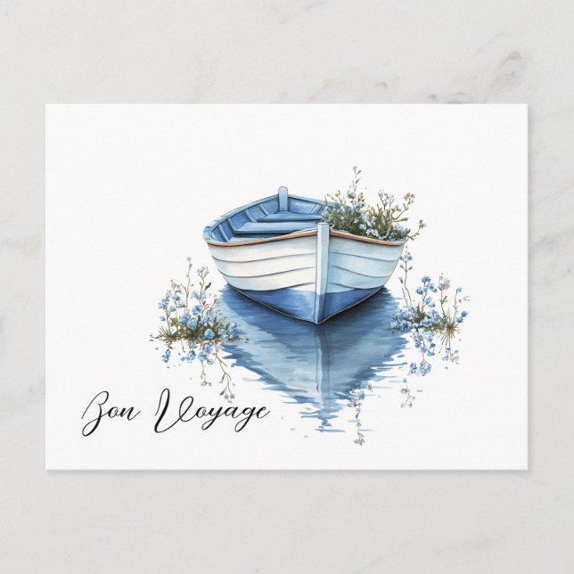 Bon Voyage Rowboat Blue Blumen Postkarte (Vorderseite)