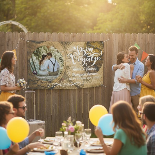 Bon Voyage Rustic Karte Personalisiertes Foto Bann Banner (Bon Voyage Rustic Map Personalized Photo Banner)