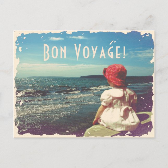 Bon Voyage Vintage Karte mit einem Mädchen & Meer (Vorderseite)