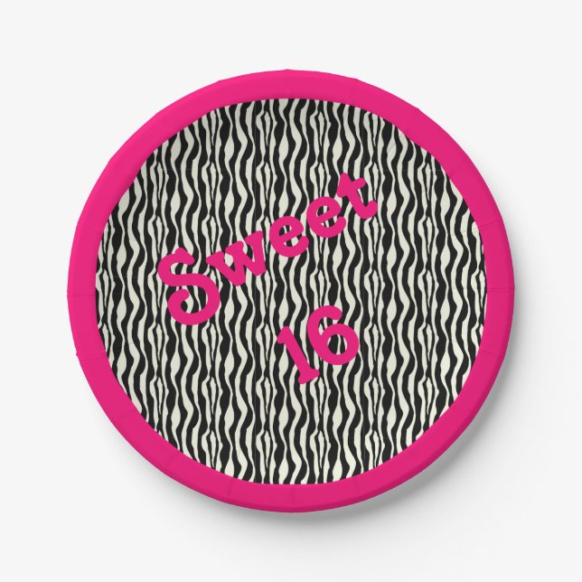 Bonbon16 Zebra-Druck mit rosa Grenze Pappteller (Vorderseite)