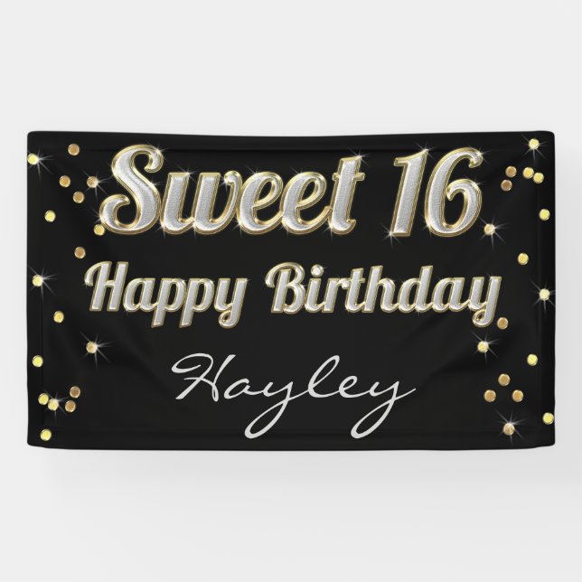 Bonbon 16 Bling Typografie-Goldconfetti-Schwarzes Banner (Horizontal)