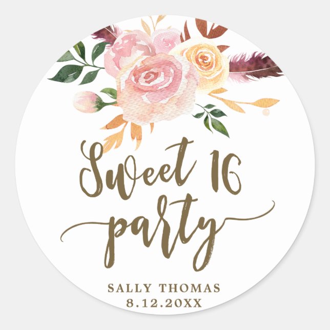 Bonbon 16 boho floral pink Gefälligkeitsaufkleber Runder Aufkleber (Vorderseite)