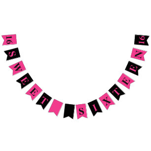 Bonbon 16 rosa und schwarze Geburtstags-Fahne Wimpelkette