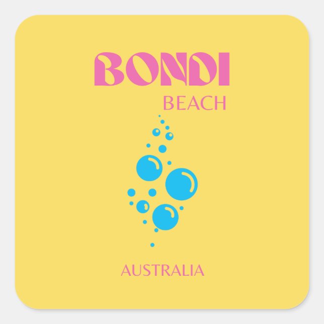 Bondi Beach, Art der Reise, Preppy, Gelb, Rosa Quadratischer Aufkleber (Vorderseite)