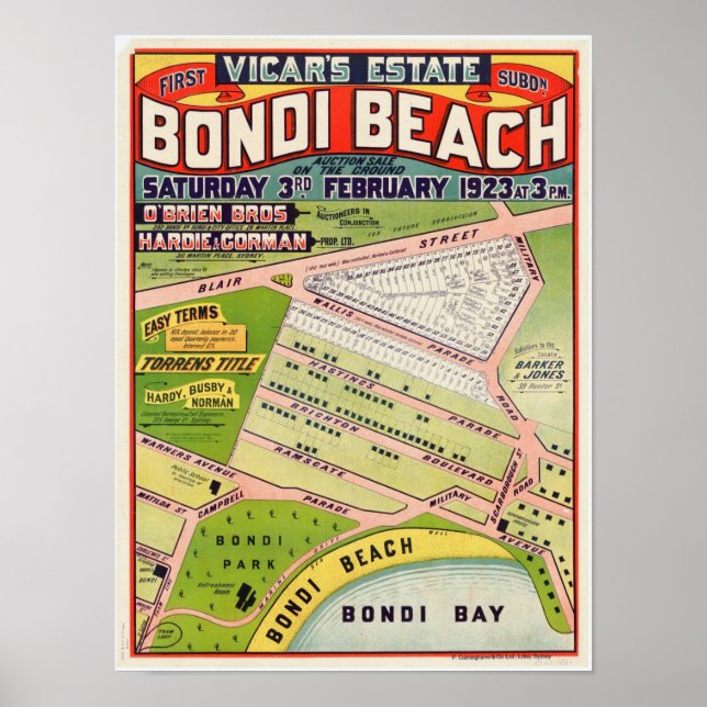 Bondi Beach, Vicars Anwesen Vintag Auktionspopster Poster (Vorne)