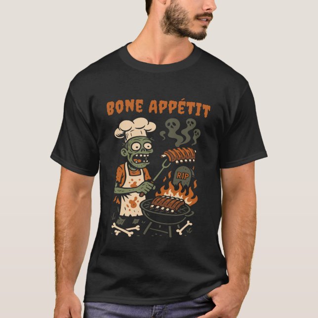 Bone Appétit – Zombie BBQ Chef Skeleton Grill Humo T-Shirt (Vorderseite)
