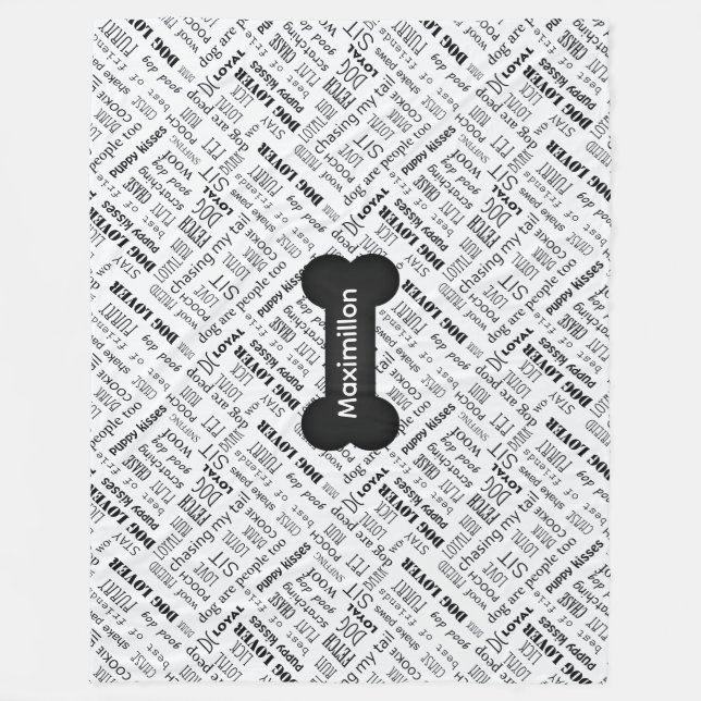 Bone Word Cloud Black and White Dog Personalized Fleecedecke (Vorderseite)