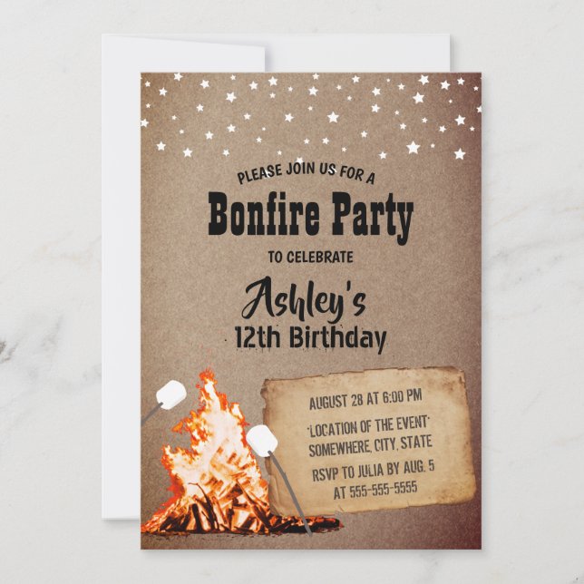 Bonfire Birthday Party Rustic Kraft Einladung (Vorderseite)